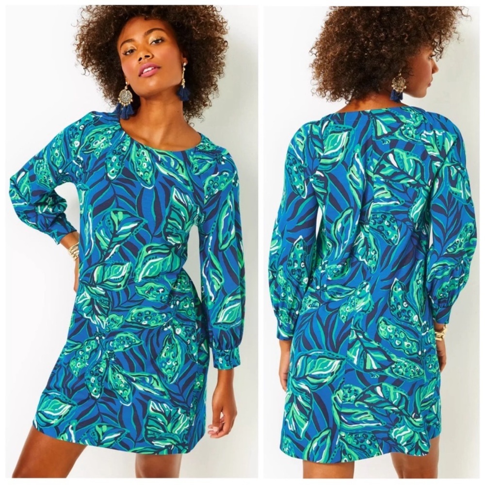 NWT LILLY PULITZER Elianna 3/4 Sleeve Dress Indigo Breeze Shady Gators Small